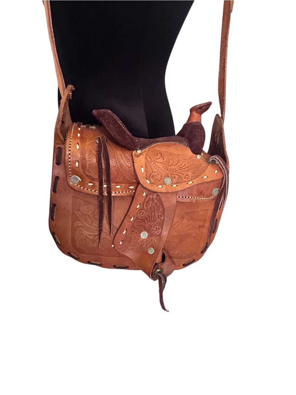 Horse Saddle Shoulder Bag Hand Tooled Brown Suede And Tan Leather Purse Vintage - Picture 2 of 16